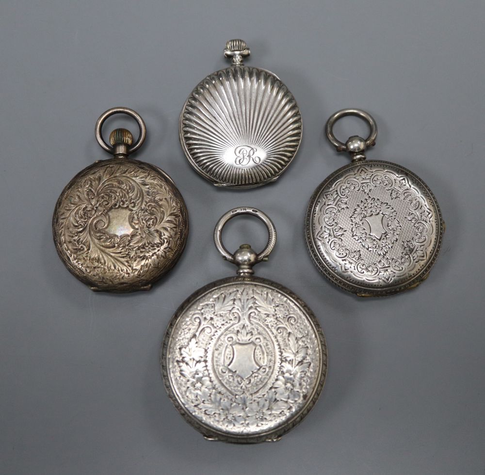 Four assorted white metal fob and pocket watches.